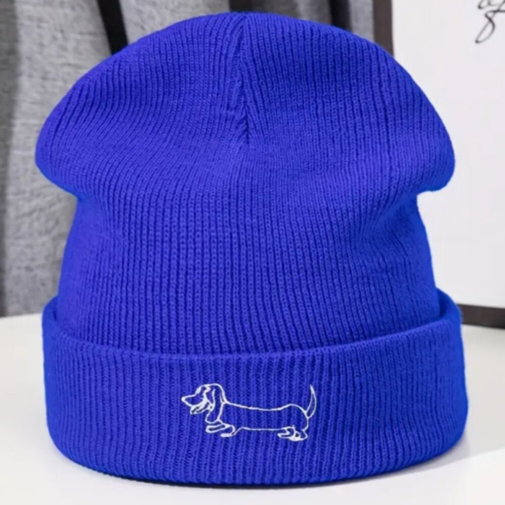 Dachshund Embroidered Knitted Beanie/Stocking Hat in Royal Blue